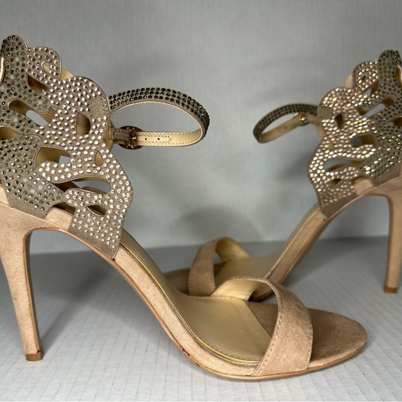 Jessica Simpson Hipp Taupe Faux Suede sparkly Rhinestones Strappy  Heels - Picture 1 of 16